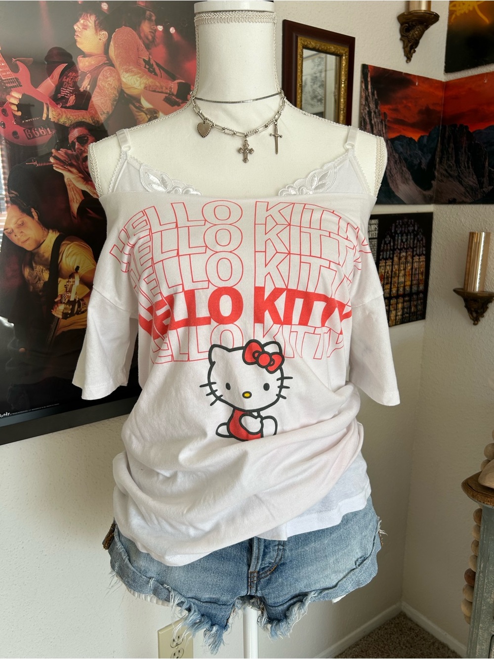 Vintage Y2K Hello Kitty Off  The Shoulder Graphic Tee Kawaii Coquette Sanriocore